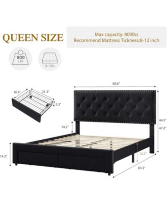 Bed Frame with 2 Storage Drawers, Vintage Velvet Upholstered Bedframe with Wooden Slat Support and Button Tufted Wingback Headboard