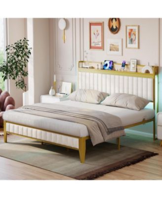 Upholstered Bed Frame with Led Light and Charging Station, Platform Bed with Headboard and Storage, Noise Free, Easy Assembly
