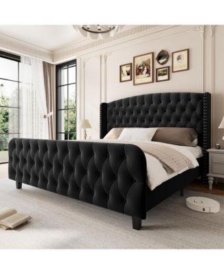 Bed Frame with Deep Button Tufted Wingback Headboard and Footboard, Velvet Upholstered Platform Frame, No Box Spring, Easy Assembly