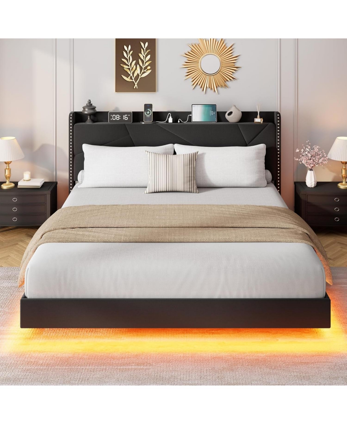 gaomon Floating Bed Frame with Led Lights & Usb Charging Station, Upholstered Platform Storage Headboard and Foldable Shelves