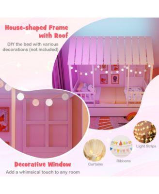 Twin Size House Bed w/ Trundle Roof Window & Safety Guardrails Slats Support