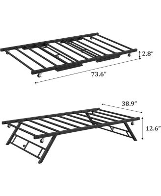 Twin Size Pop Up Trundle Bed Frame, Foldable Metal Platform, Lockable Casters, Black