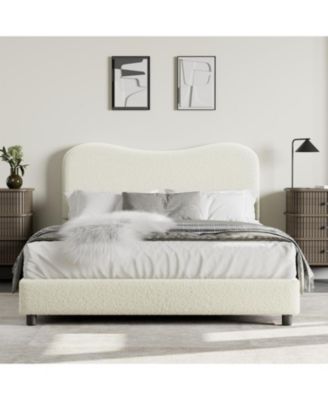 Queen Size Beige Boucle Bed Frame with Upholstered Headboard, Low Profile, Heavy Duty Wooden Slats, No Box Spring Needed