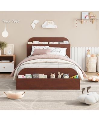 Twin Size Kids Bed Frame with Storage Headboard & Footboard, Low Profile Wood Platform, Strong Slats, Walnut