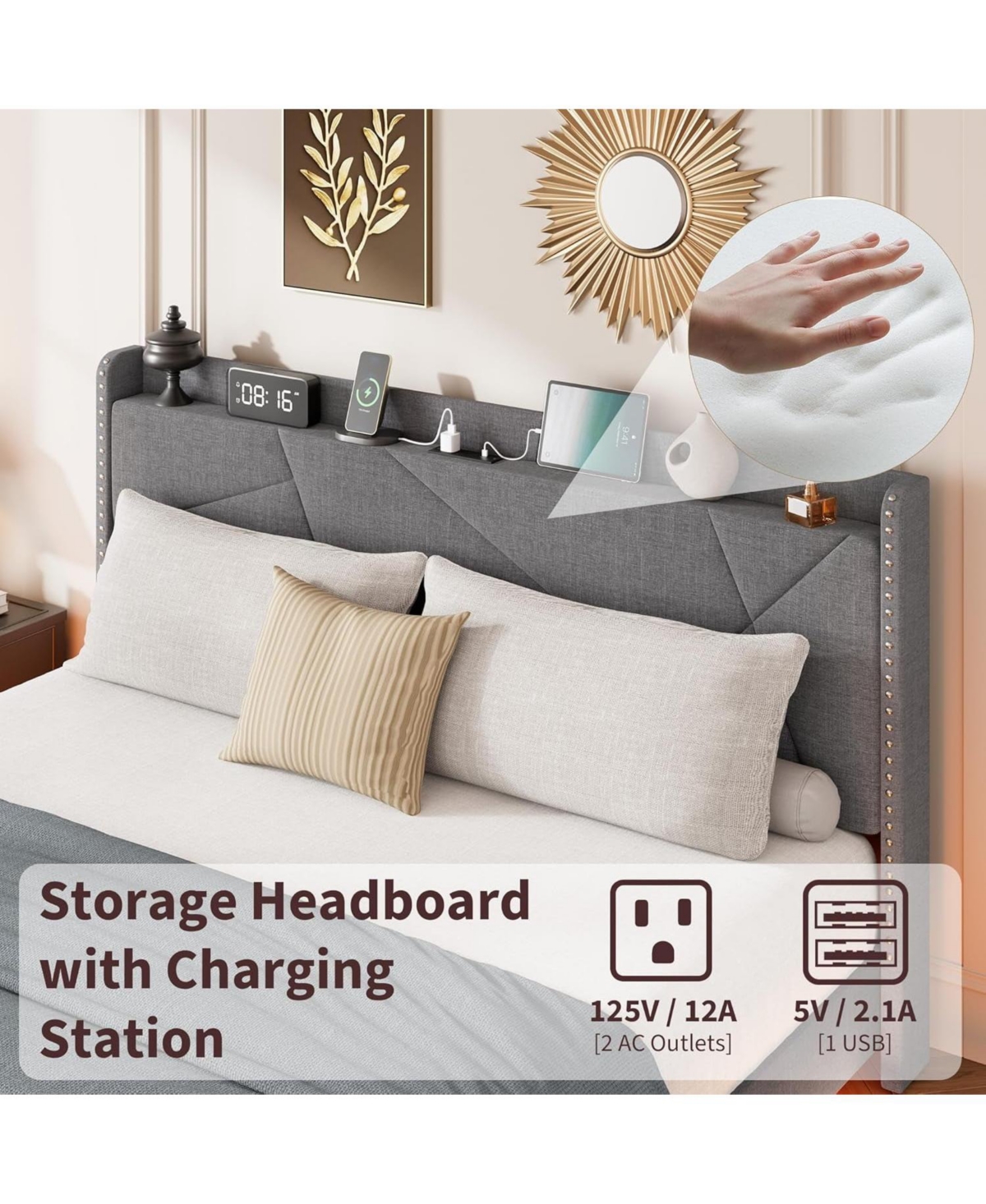 gaomon Full Floating Bed Frame w/ Rgb Led, Charging Station, Upholstered Platform & Storage Headboard, Grey