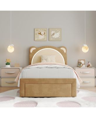 Upholstered Twin XL Platform Bed Frame with Adjustable Headboard, Drawer, LED Light, Wood Slats, No Box Spring – Kids Bed