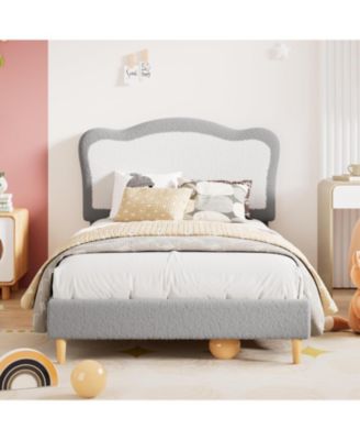 Twin Size Kids Upholstered Bed Frame with Scallop Velvet Headboard, Sturdy Slats, Noise-Free, Grey & White