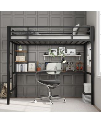 Twin Size Loft Bed with Large Desk, Storage Shelves, Stairs & Safety Guardrail, Space Saving, Black & Brown