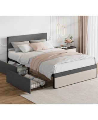 Queen Upholstered Bed Frame with Headboard Storage Platform 2 Drawers Footboard Steel Slats No Box Spring