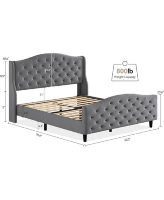 Queen Bed Velvet Frame with Wingback Headboard Nailhead Trim Sleigh Platform Wooden Slats