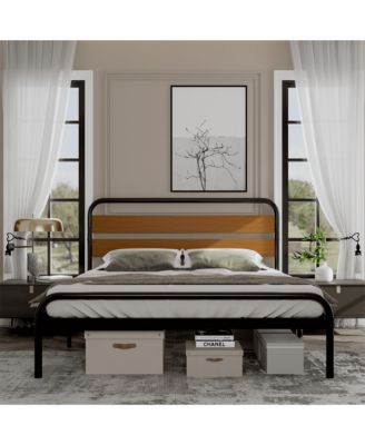 King Size Metal Platform Bed Frame with Wooden Headboard Heavy Duty Noise-Free Underbed Storage Rustic Light Brown