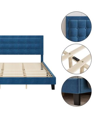 King Size Square Platform Bed Frame Blue Metal Design Wood Slat Support No Box Spring