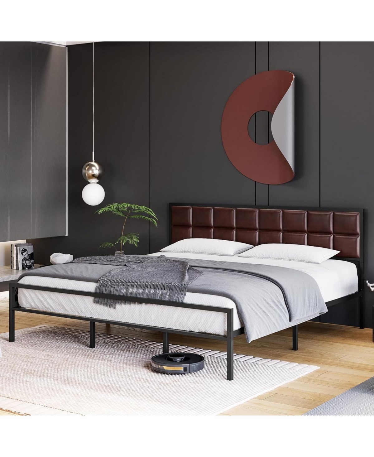 gaomon Full Size Metal Platform Bed Frame with Faux Leather Headboard Strong Slats Large Underbed Storage