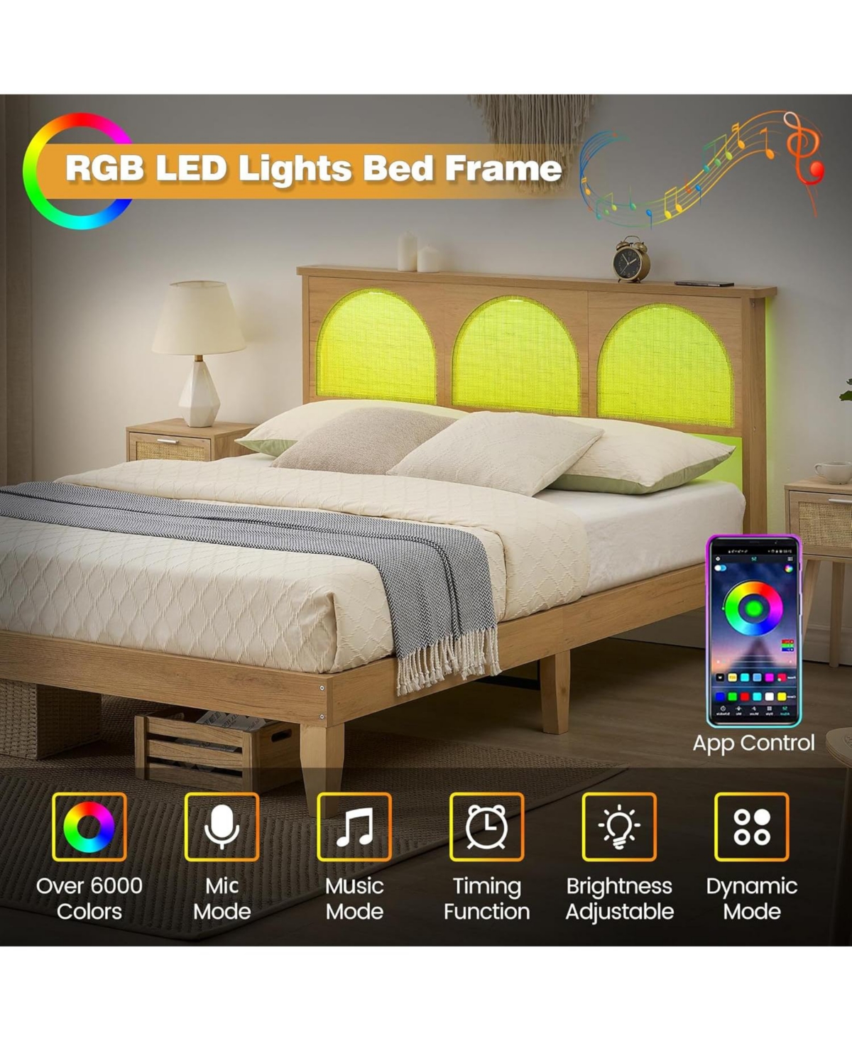 gaomon Queen Size Rattan Bed Frame with Led Storage Headboard & Solid Wood Legs, No Box Spring, Natural
