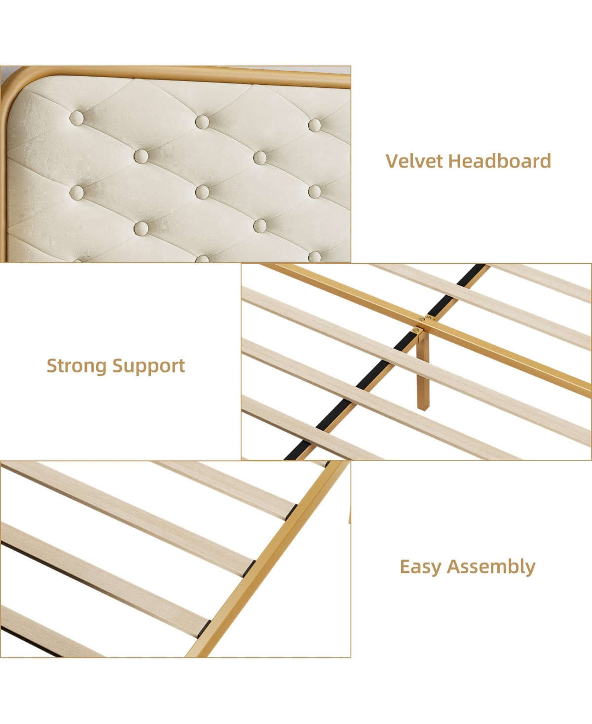 gaomon King Size Bed Frame Premium Velvet Headboard Footboard Heavy Duty Metal Wood Slats Noise-Free Beige Gold