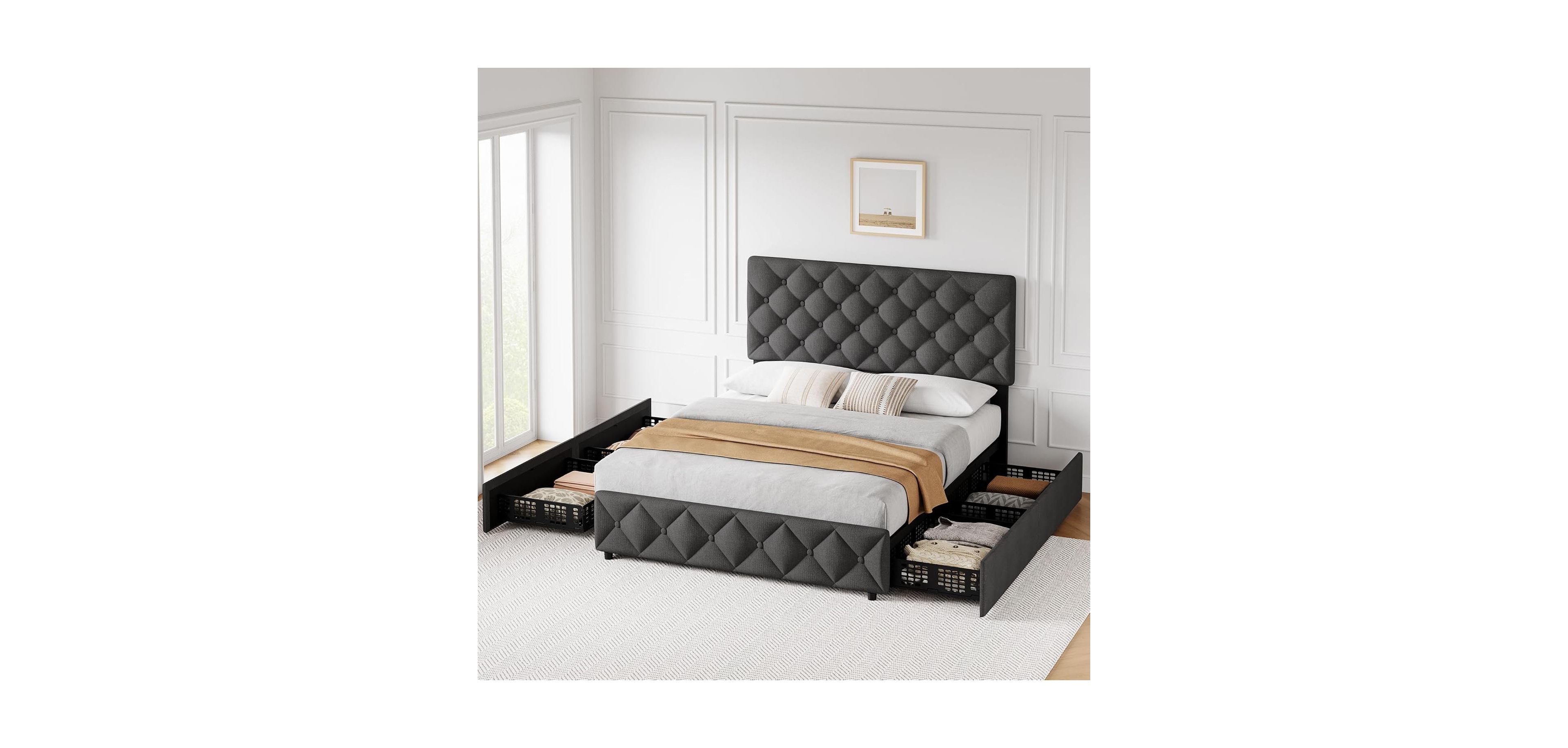 gaomon Queen Size Bed Frame 4 Storage Drawers Adjustable Upholstered Headboard Platform Bed Button Tufted Gray