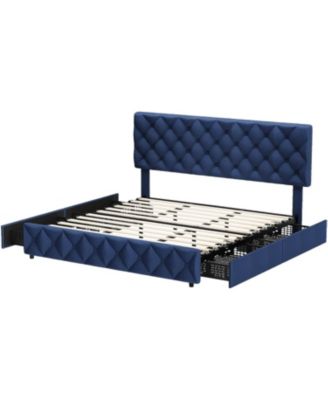 King Size Platform Bed Frame Adjustable Headboard 4 Drawers Modern Grey Upholstered with Footboard Wood Slats