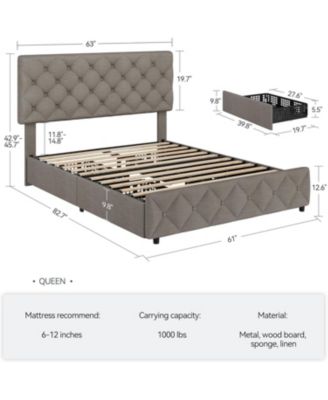 Queen Size Platform Bed Frame Adjustable Headboard 4 Drawers Modern Upholstered with Footboard Wood Slats