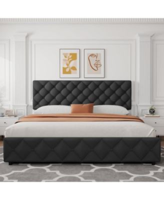 King Size Platform Bed Frame Adjustable Headboard 4 Drawers Modern Grey Upholstered with Footboard Wood Slats