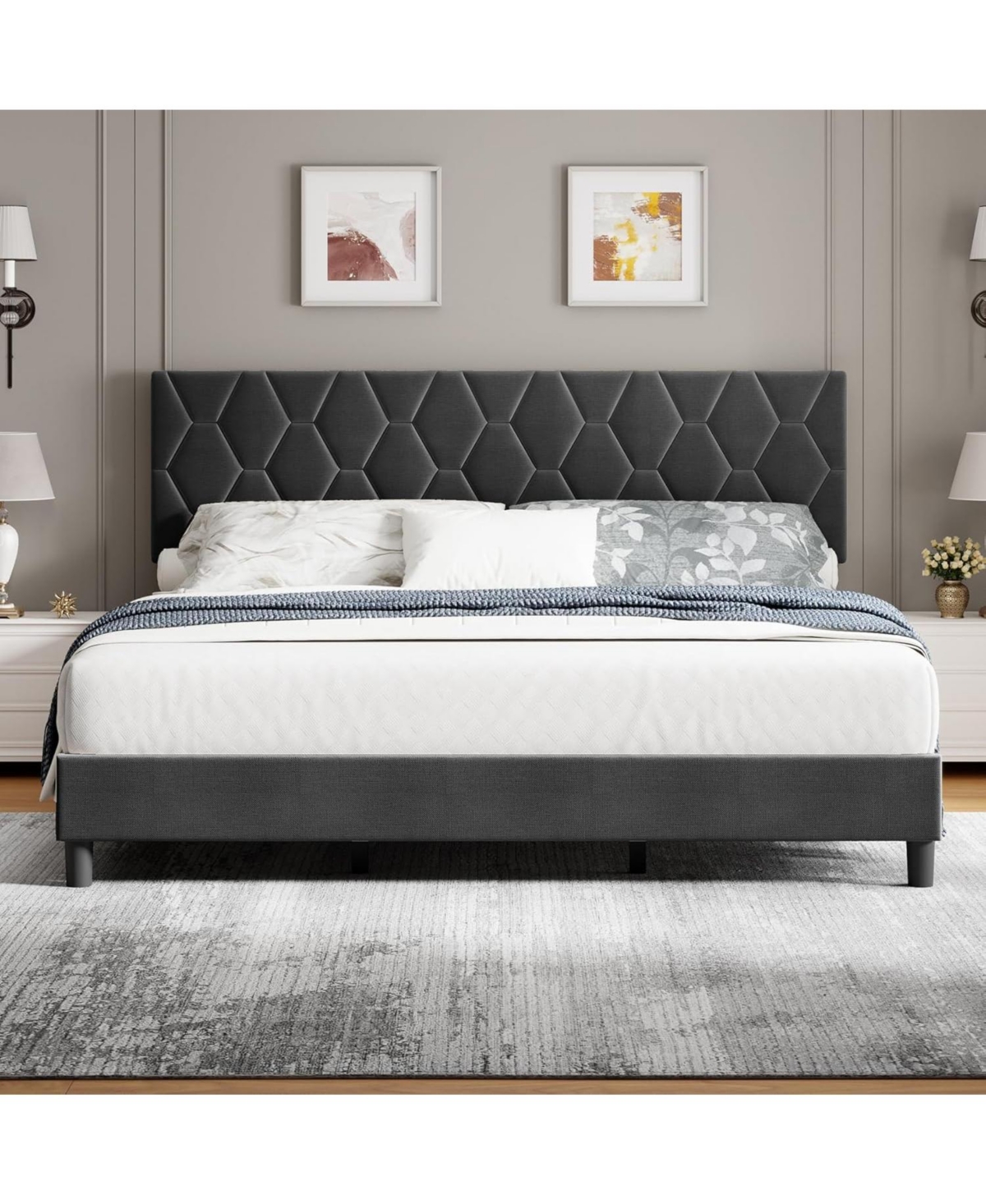 gaomon Queen Bed Frame Grey Upholstered Headboard Heavy Duty Platform Strong Wood Slats No Box Spring Noise Free