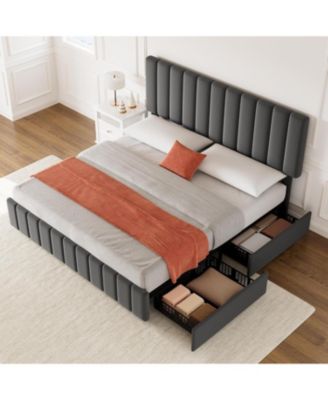 Full Linen Upholstered Platform Bed Frame 4 Storage Drawers Adjustable Headboard Wooden Slats