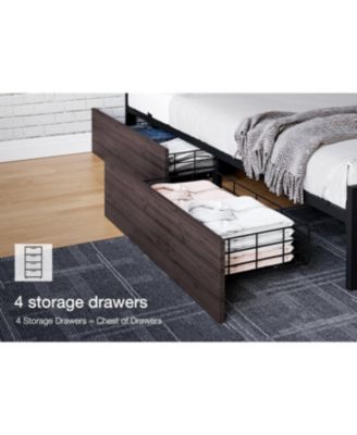 Full Bed Frame with Headboard Industrial Platform Charging Station 4 Storage Drawers Metal Slats Dark Grey