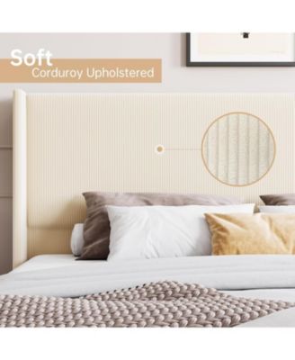 Full Size Corduroy Upholstered Bed Frame 51in Tall Wingback Headboard Platform Wooden Slats Noise Free No Box Spring Beige