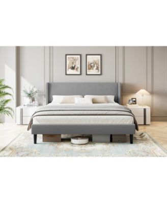 Full Size Upholstered Bed Frame Wingback Headboard Velvet Platform No Box Spring Needed Durable Wood Slats Light Grey
