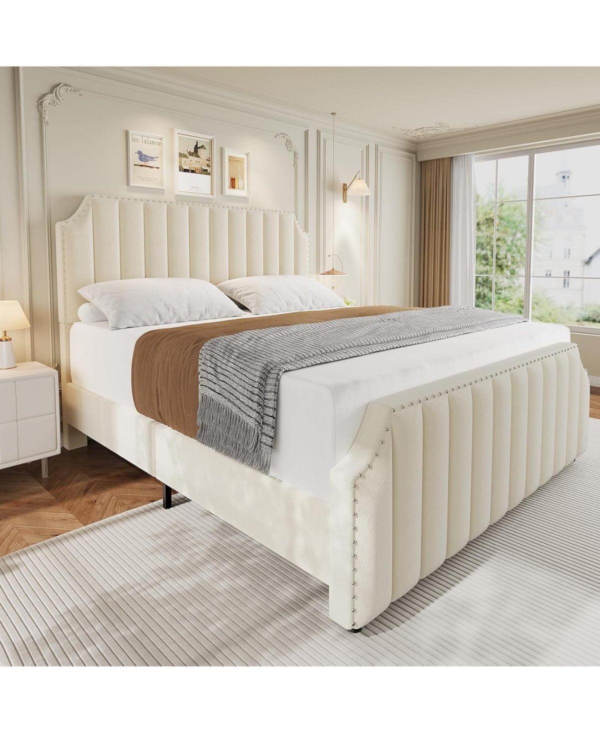 gaomon Queen Size Platform Bed Frame 50.2in Velvet Channel Tufted Headboard Footboard Nailhead Trim No Box Spring Cream