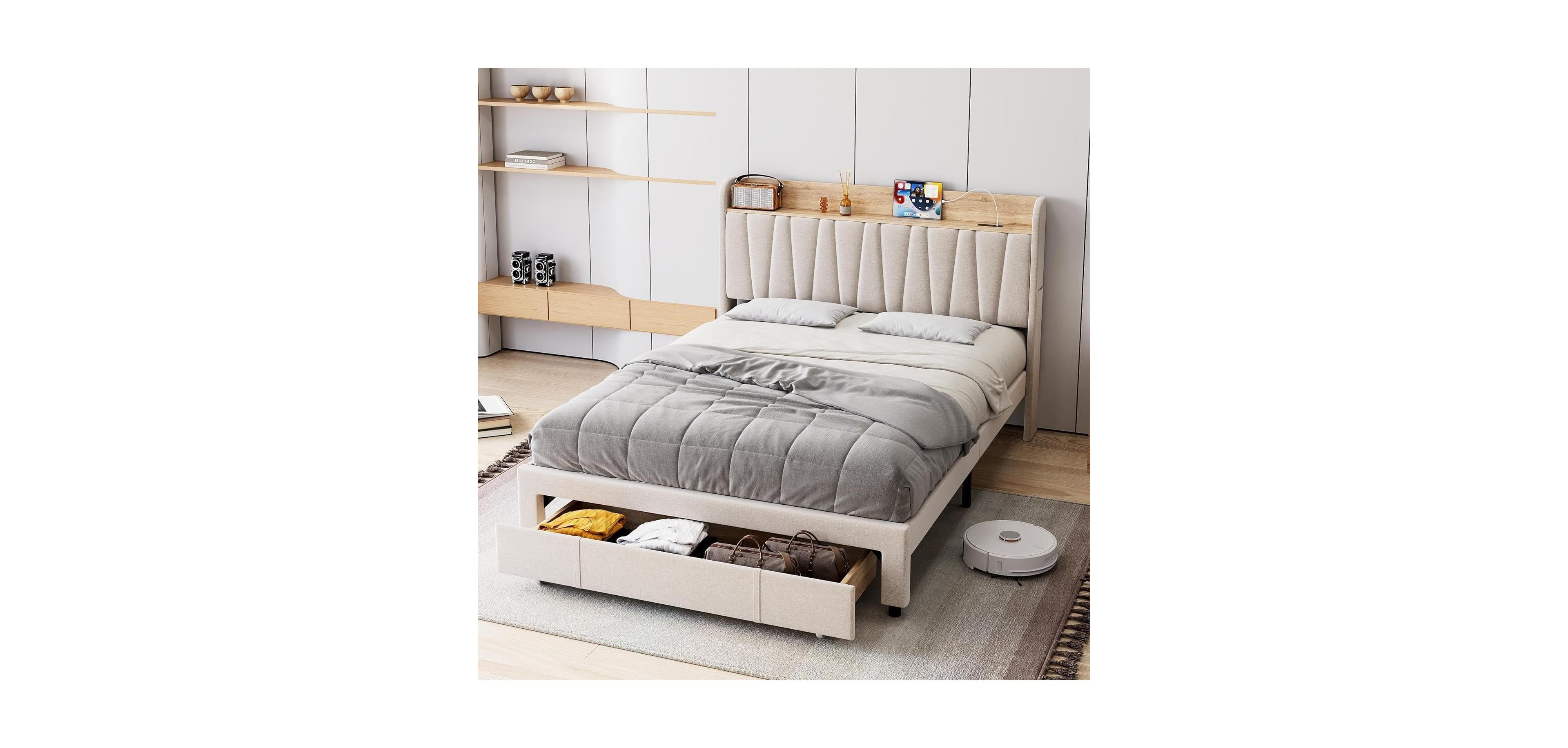 gaomon Full Size Bed Frame Storage Headboard Upholstered Platform Drawers Charging Station Noise Free No Box Spring Beige