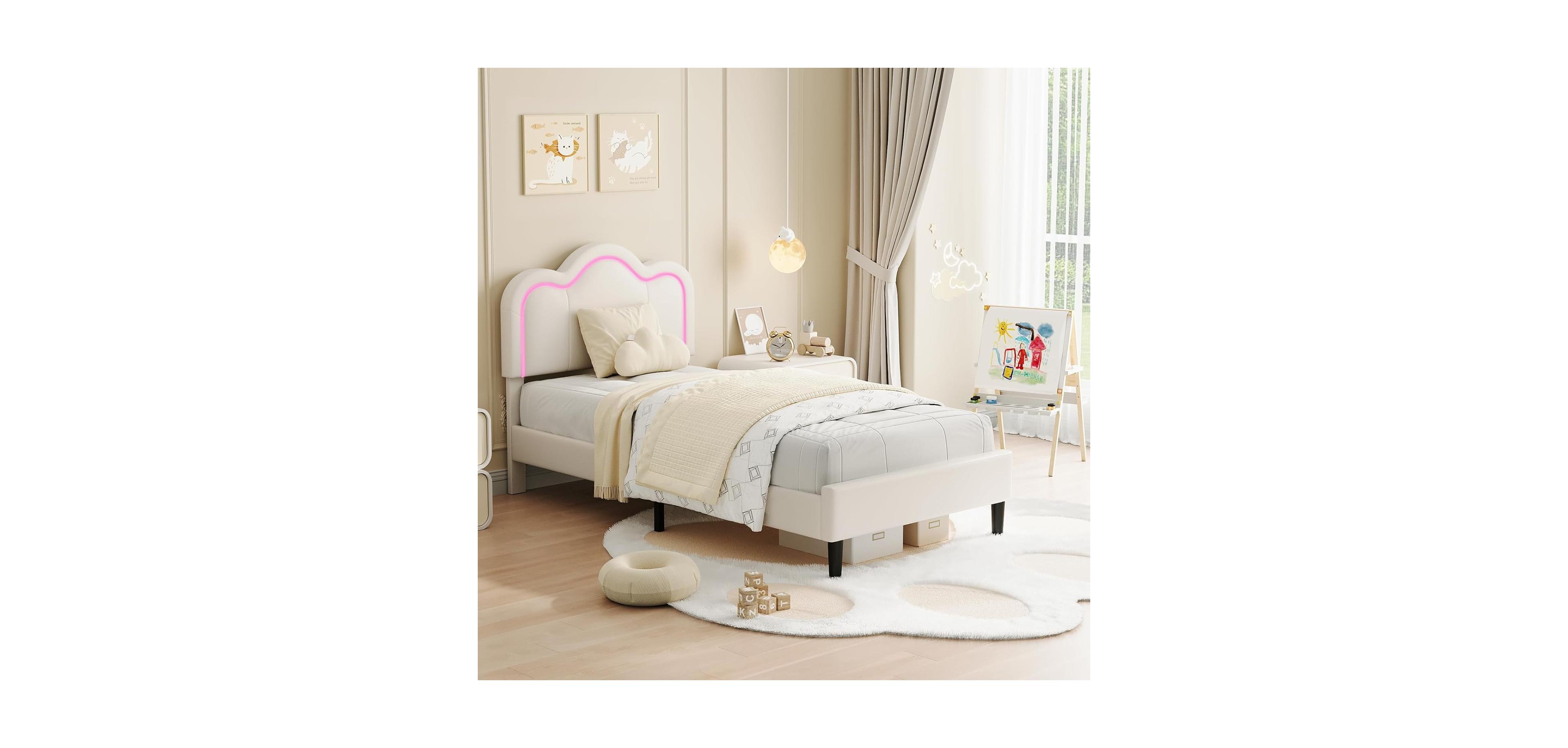 Gaomon Twin Size Pu Leather Upholstered Smart Led Platform Bed Frame with Adjustable Hills Headboard, Wooden Slats, No Box Spring, White
