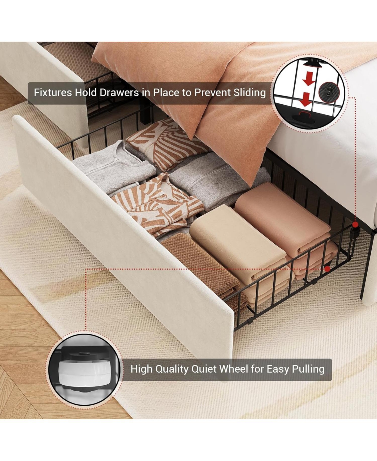 gaomon Full Size Metal Bed Frame with Led Headboard and Storage, Wood Slat Support