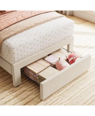 Twin Bed Frame with Storage Drawer and Headboard Velvet Upholstered Platform Girls Wooden Slats Noise-Free