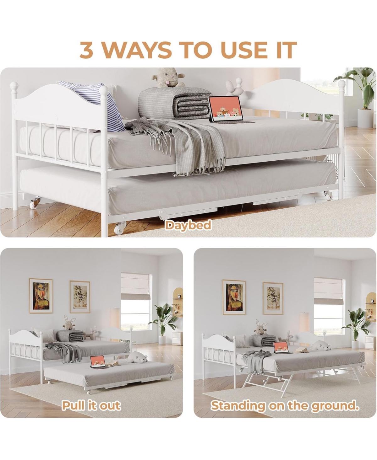 gaomon Twin Size Metal Daybed with Pop Up Foldable Trundle Stylish Headboard Sofa Bed Heavy Duty Steel Slats White