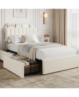 Twin XL Boucle Upholstered Platform Bed Frame with 2 Drawers Bookcase Headboard for Kids No Box Spring Beige