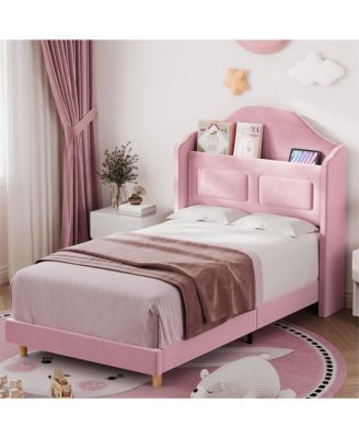 Velvet Upholstered LED Lights Wingback Headboard & Storage Platform Bed Frame