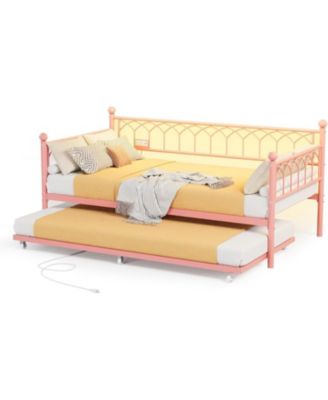 Twin Daybed with Trundle, Day Bed with Charging Station & LED Lights