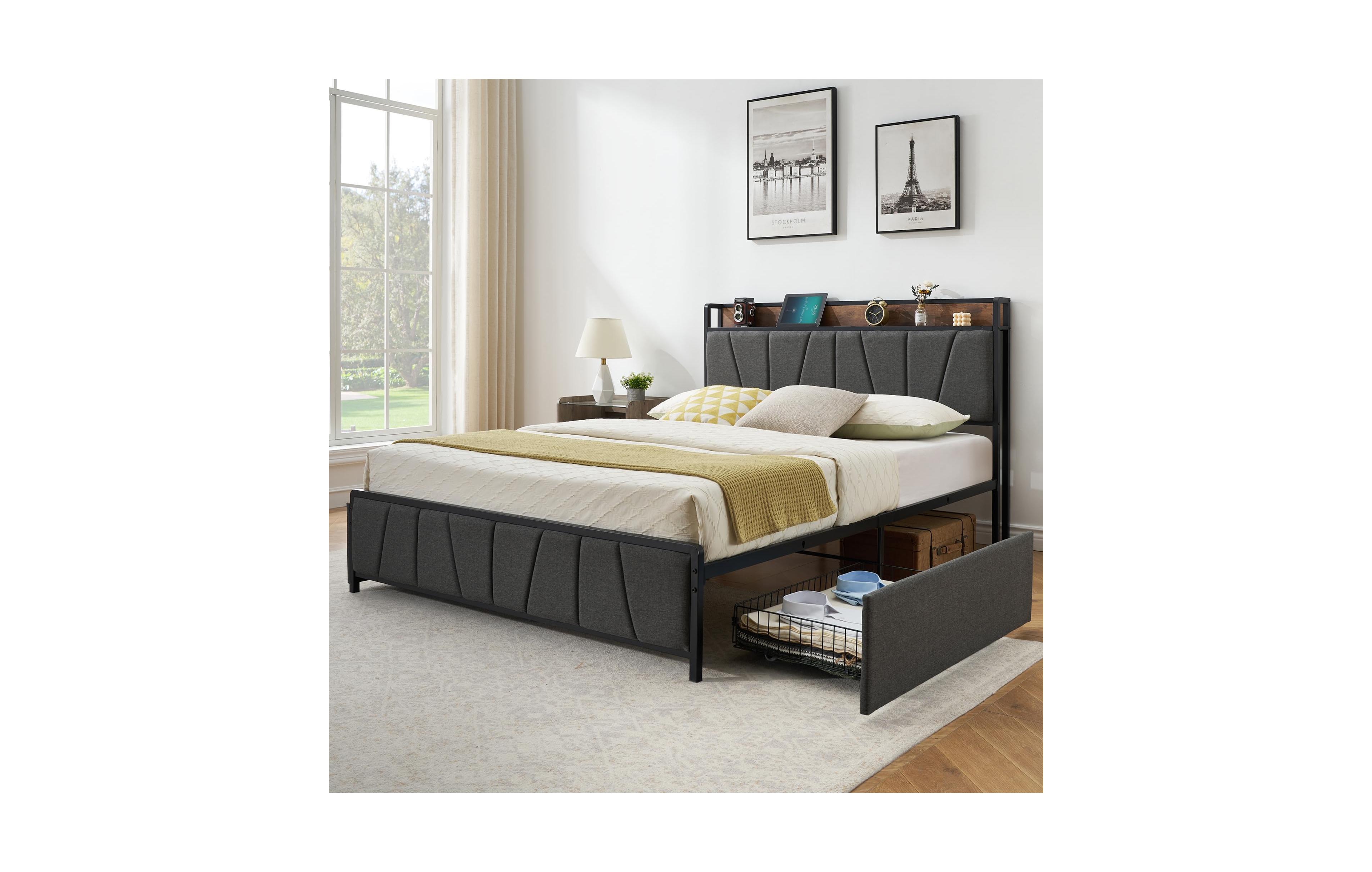gaomon Queen Size Bed Frame with 2 Storage Drawers and Charging Station, Rustic Linen Upholstered Platform Bedframe