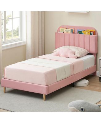 goamon Twin Bed Frames, Upholstered Platform Bed Frame with Bookcase Headboard, Velvet Platform Bed Mattress Foundation