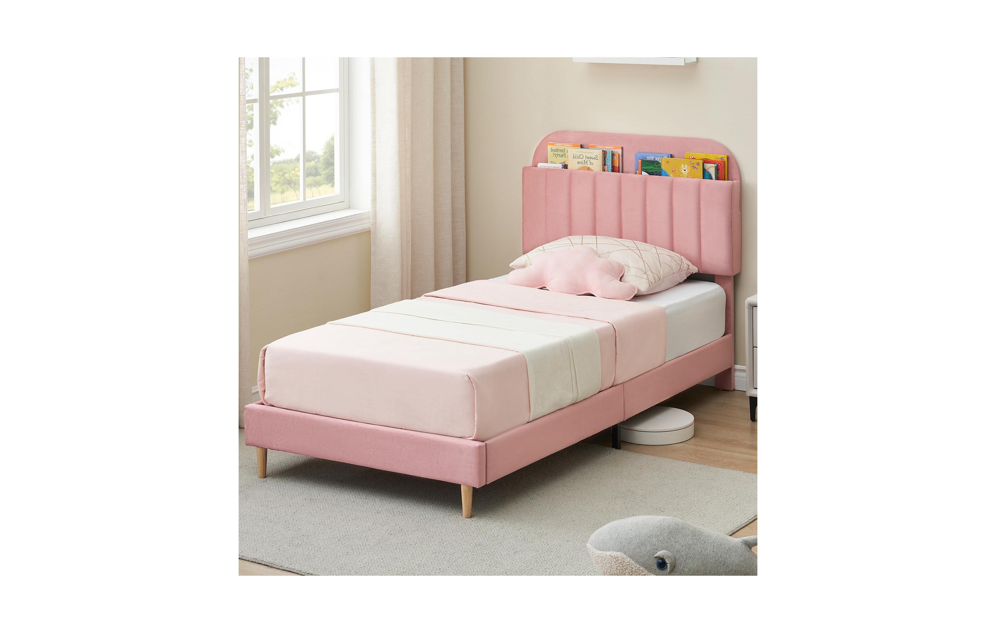 goamon Twin Bed Frames, Upholstered Platform Bed Frame with Bookcase Headboard, Velvet Platform Bed Mattress Foundation