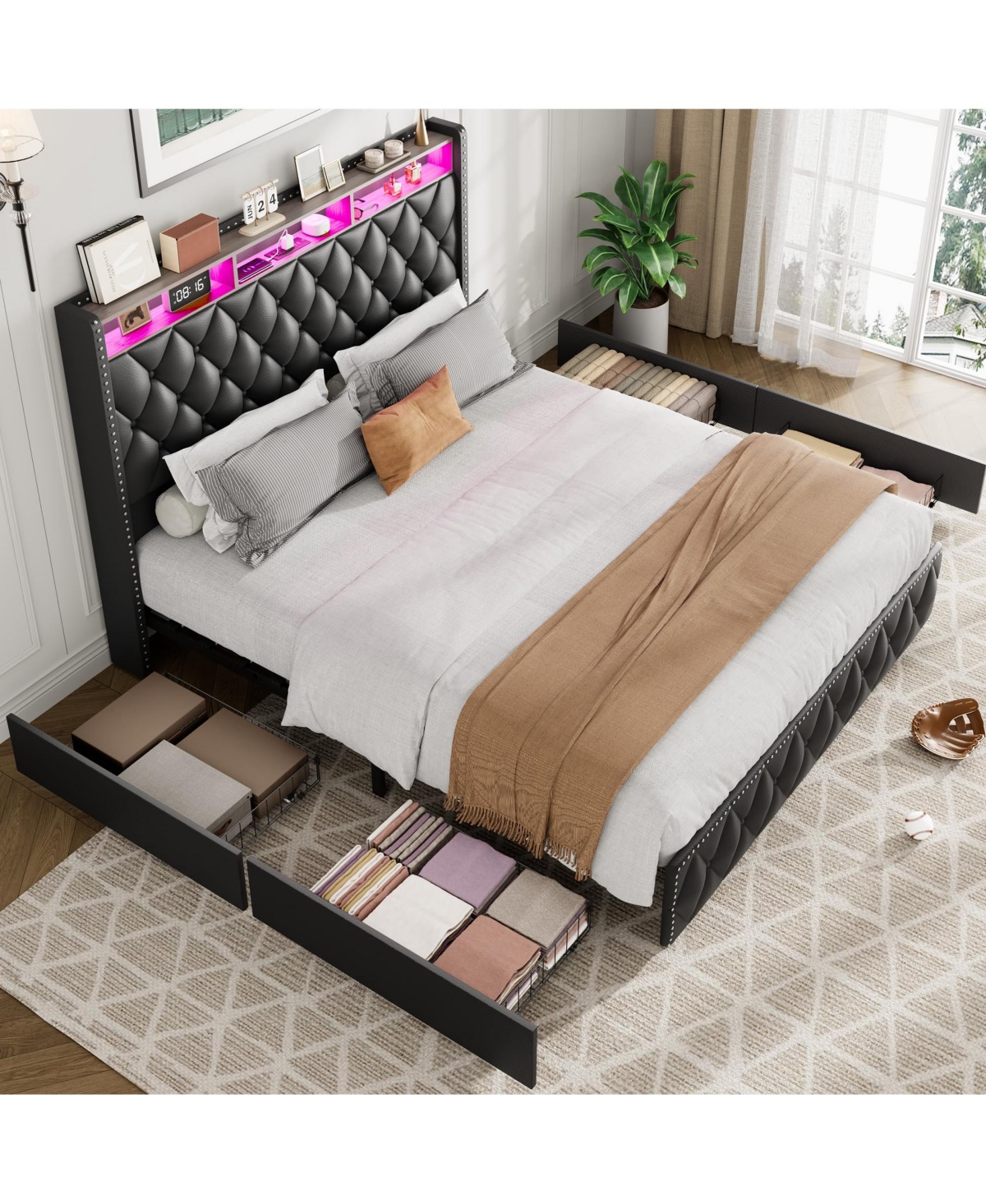 Gaomon Queen Bed Frame with 50.8" Tall Headboard, Platform Velvet Upholstered Bed Frame with 4 Storage Drawers