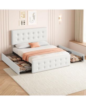 Queen Bed Frame with Headboard and 4 Storage Drawers, Square Stitched Button Tufted – Platform Bed