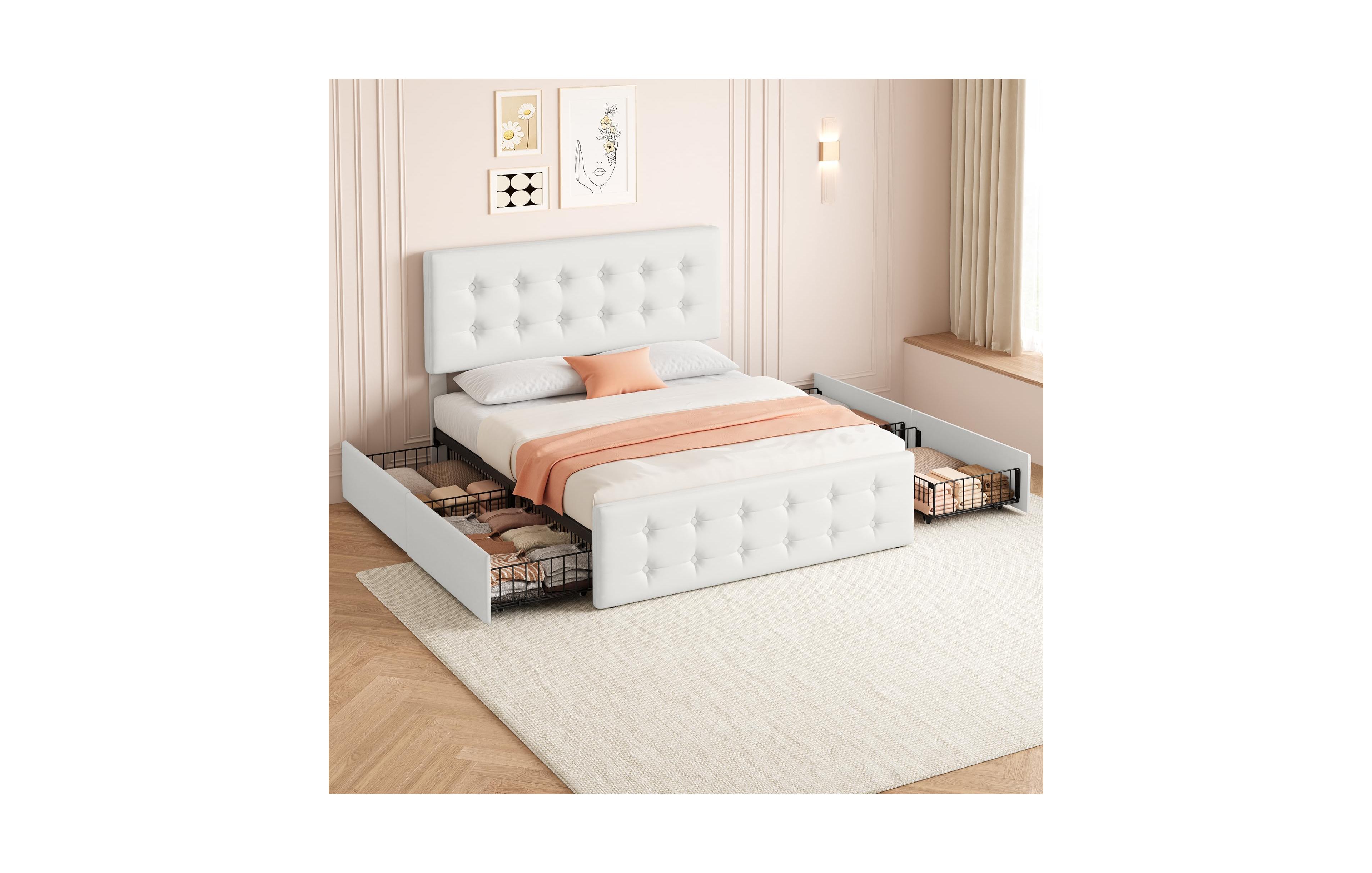 gaomon Queen Bed Frame with Headboard and 4 Storage Drawers, Square Stitched Button Tufted – Platform Bed