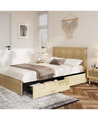 Queen Bed Frame with Natural Rattan Headboard, 4 Storage Drawers, Slats, Bohemian-Style Cane Mattress Support