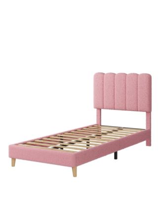 Twin-XL Bed Frame, Boucle Upholstered Platform Bed with Wave Headboard for Girls/Kids, Easy Assembly, Wooden Slats Support