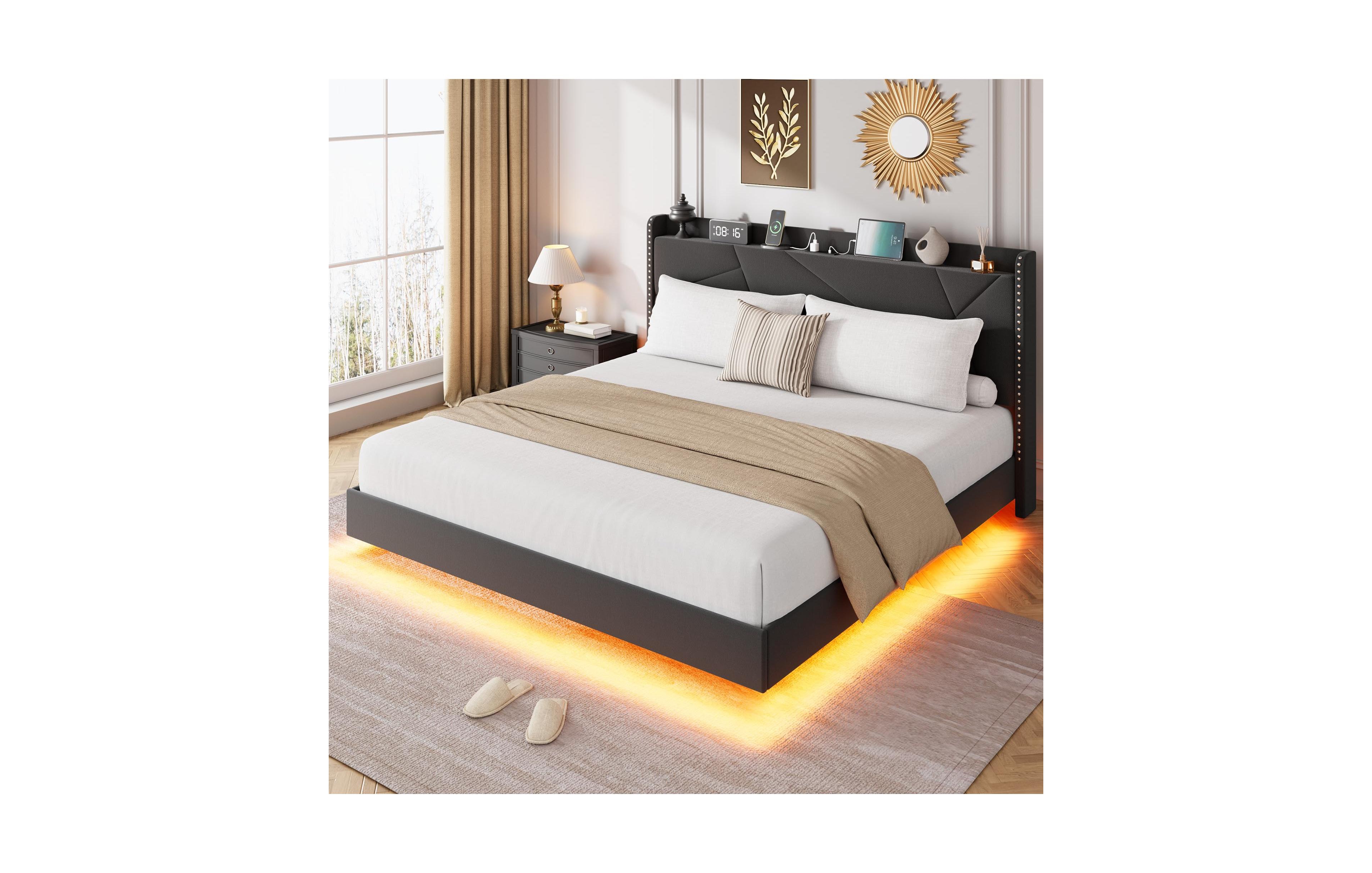 Gaomon Full Size Floating Bed Frame, Suspended Bed with Rgb Led Lights and Charging Station, Upholstered Bed Frame