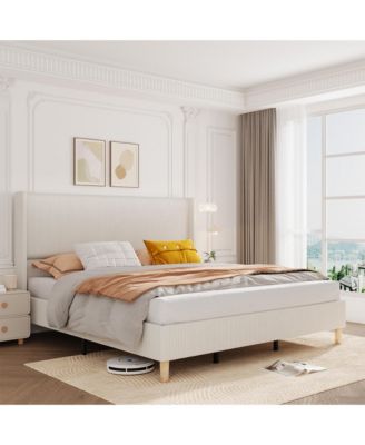 King Bed Frame, Upholstered Platform Corduroy Bed Frame with Vertical Channel Tufted Wingback Headboard