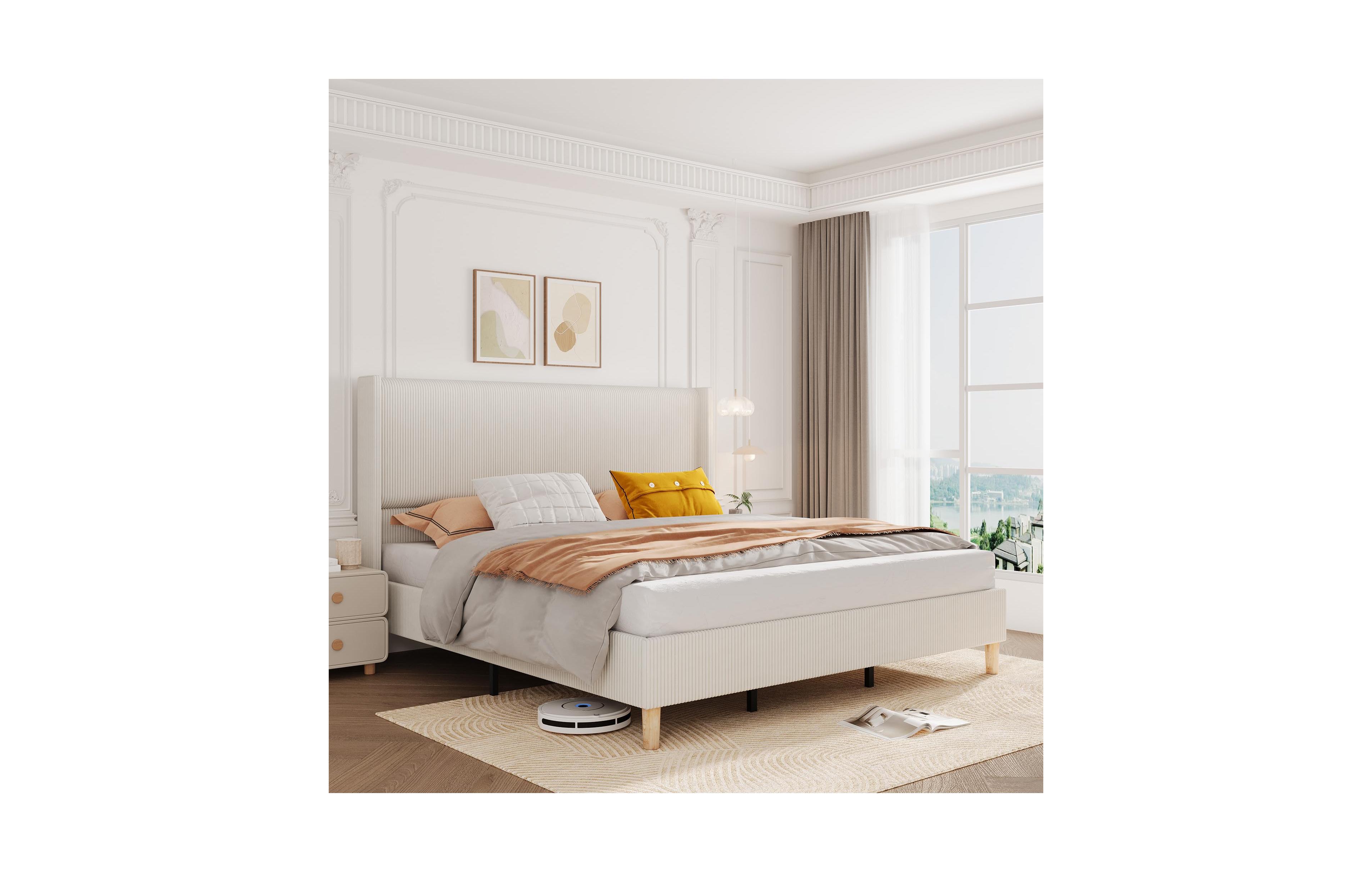 gaomon King Bed Frame, Upholstered Platform Corduroy Bed Frame with Vertical Channel Tufted Wingback Headboard