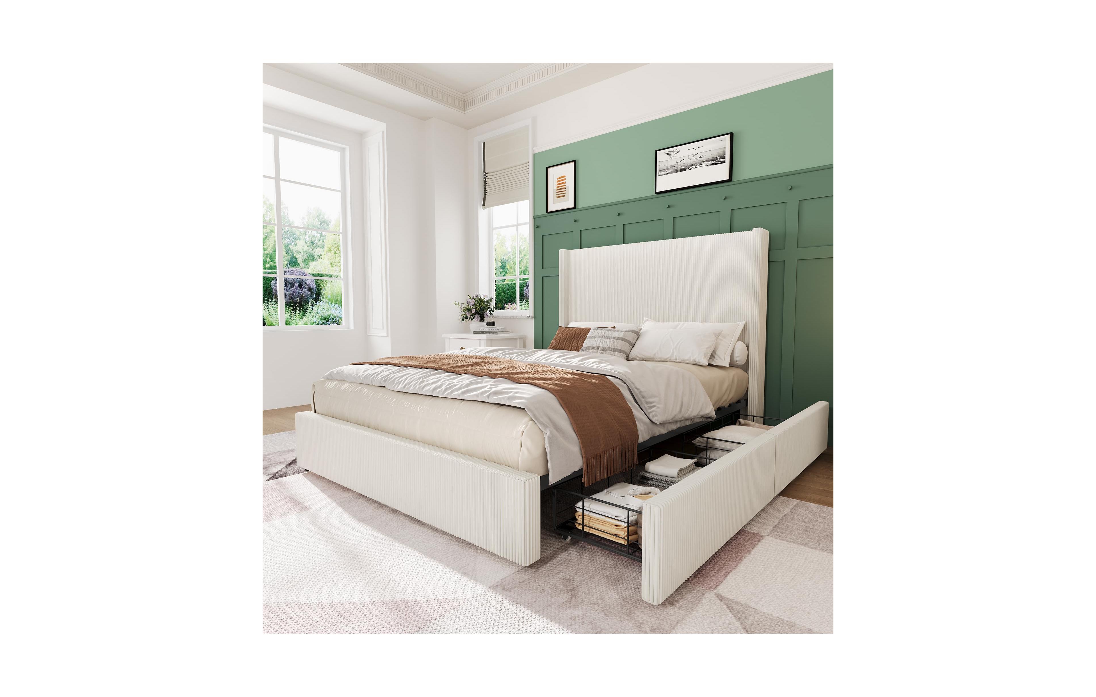 Gaomon Queen Size Upholstered Platform Bed Frame with Storage Drawers, Corduroy Wingback with Tufted Headboard and Footboard