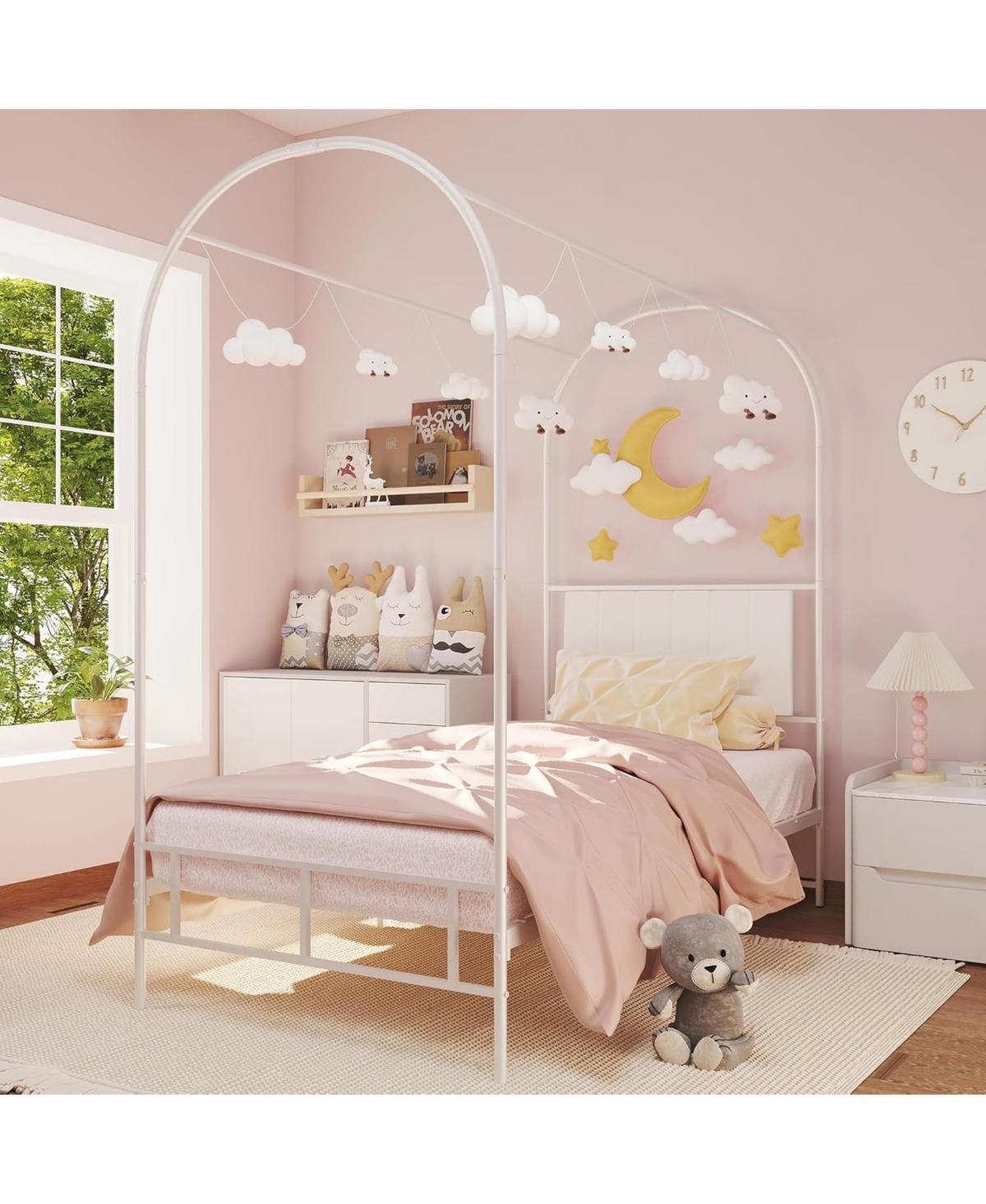 gaomon Twin Canopy Bed Frame, Metal Kids Platform with Upholstered Headboard, Strong Slats, Noise Free, Easy Assembly, White